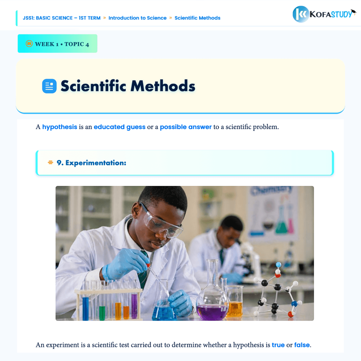 A KofaStudy JSS1 Basic Science lesson organised by course, week and topic